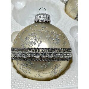 Vintage Christmas By Krebs Silver Ribbon Glitter Glass Ornaments Set of 6